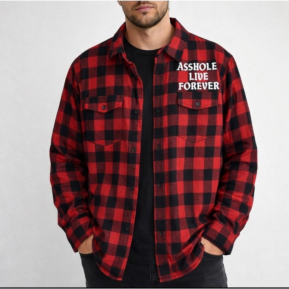 Assholes Live Forever Buffalo Plaid Flannel Shirt in Black and Red. Size Small.